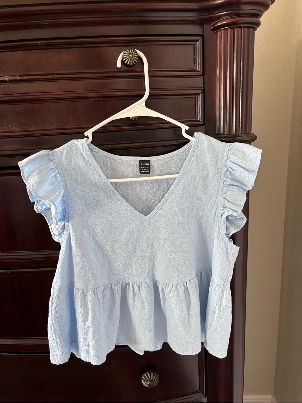 SHEIN Light Blue V-Neck Peplum Top with Ruffle Sleeves